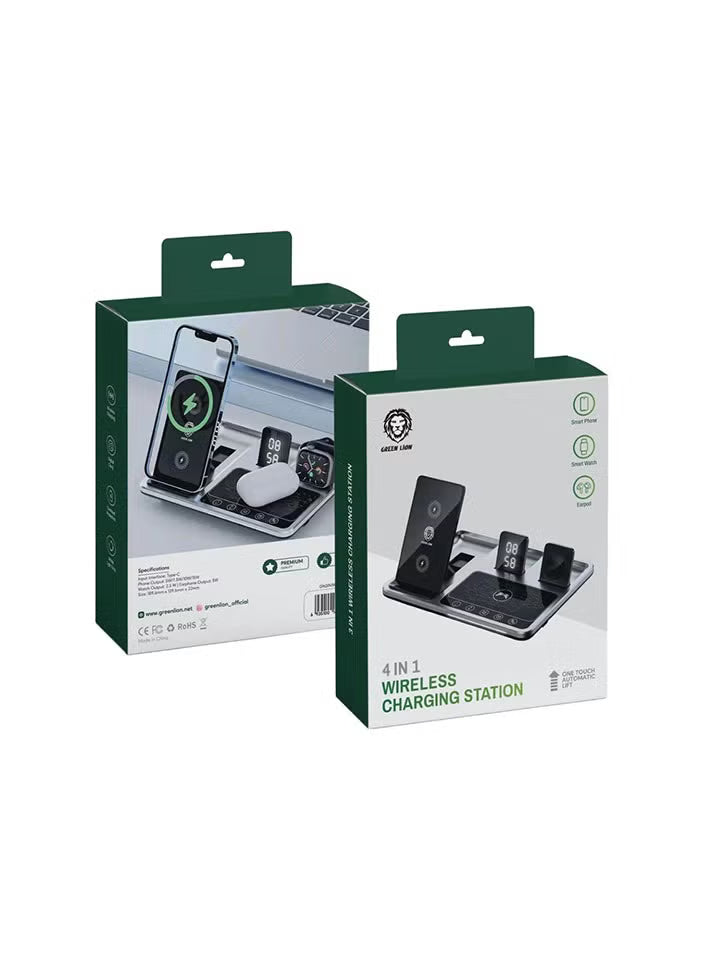 4 In 1 Wireless Charging Station 2 by Green Lion, SmartPhone/i-Watch/Earbuds/Lamp, One Touch Automatic Lift