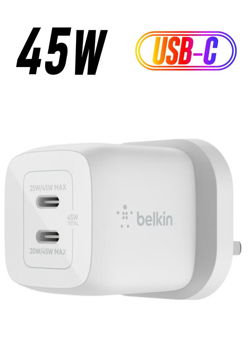Belkin 45W Dual USB Type C Wall Charger With GaN Technology Fast ChargIng Power Delivery