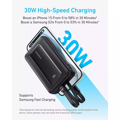 Anker Zolo Power Bank With Built-in USB-C And Lightning Charging Cable Black 20000mAh 30W