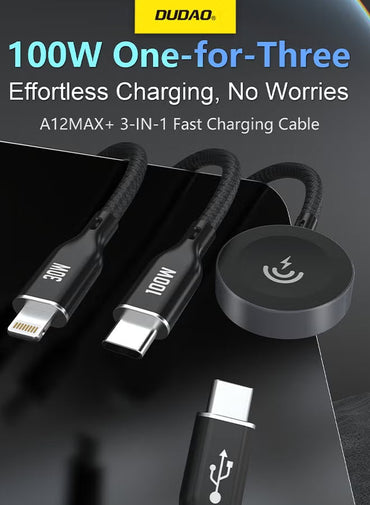 Dudao 100W 3-in-1 Fast Charging Cable, Type-C to Type-C+Lightning+iWatch Wireless Charging Cable