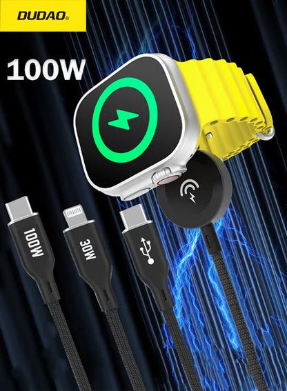 Dudao 100W 3-in-1 Fast Charging Cable, Type-C to Type-C+Lightning+iWatch Wireless Charging Cable